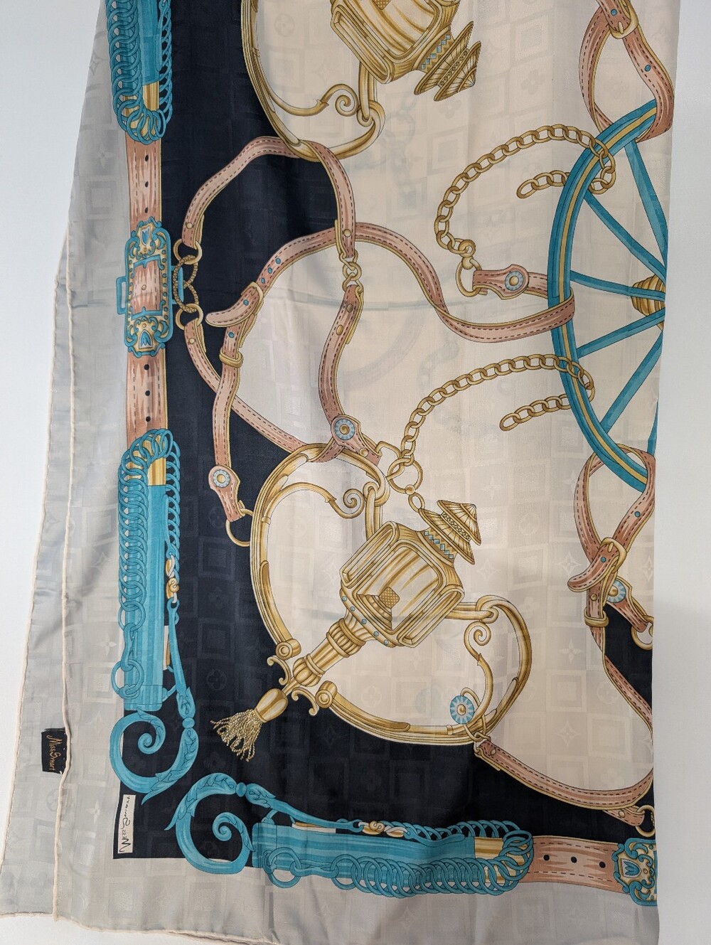 Silk Scarf Baroque Chain & Harness Print Black, Cream, Teal Horsebit Buckle